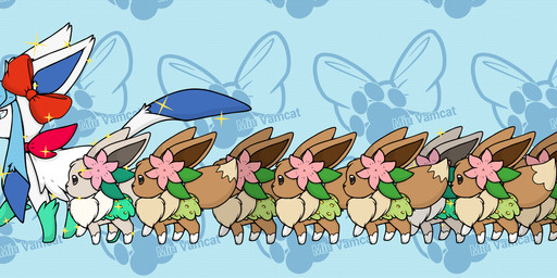 ambiguous_gender bow_(feature) bow_accessory ear_bow female feral glistening glistening_body group large_group marching ribbons scarf miu_vamcat nintendo pokemon glacy_the_glaceon_(miu_vamcat) canid canine eevee eeveelution generation_1_pokemon generation_4_pokemon glaceon mammal pokemon_(species) absurd_res hi_res sibling_(lore)
