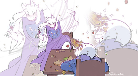 alcohol anthro beverage blush bone clothed clothing drunk duo eyes_closed female food fur holding_object pizza skeleton substance_intoxication wine sintastein undertale undertale_(series) sans_(undertale) toriel boss_monster_(undertale) bovid caprine mammal
