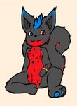 anthro armlet black_body black_fur blue_pawpads countershading fur gem heterochromia male pawpads red_body red_countershading ruby_(gem) sapphire_(gem) solo tail ninjachu corops_blackscale mammal rodent sciurid tree_squirrel hi_res