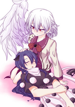 1_wing black_clothing black_dress black_tail_tuft blue_hair clothing dress duo eyes_closed feathered_wings feathers female hair hand_on_another's_head head_on_lap multicolored_clothing multicolored_dress on_lap red_eyes sitting sleeping tail tail_tuft tuft two_tone_clothing two_tone_dress white_clothing white_dress white_hair white_tail white_wings wings benizuwai touhou doremy_sweet sagume_kishin animal_humanoid avian avian_humanoid humanoid mammal mammal_humanoid tapir tapir_humanoid winged_humanoid hi_res