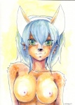 accessory anthro breasts clothed clothing female green_eyes headband looking_at_viewer nipples nude smile smirk solo topless monoth canid canine mammal