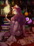 alchemy anthro biped book bowl breasts brown_eyes clothed clothing container female fluffy fluffy_tail fur hair long_hair long_nails magic magic_user sitting smile solo tail witch fyoflo fina_(azra3l) felid lion mammal pantherine 2018 absurd_res digital_media_(artwork) hi_res