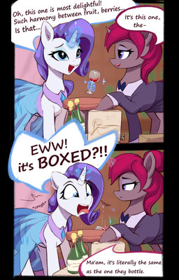 alcohol beverage blue_body bow_tie clothed clothed_feral clothing cutie_mark dialogue dress duo eyebrows eyeshadow female feral fur hair hooves horn magic makeup motion_lines onomatopoeia purple_eyes purple_hair quadruped sound_effects speech_bubble talking_feral teeth text tongue tongue_out translucent translucent_clothing unicorn_horn white_body white_fur rnghat friendship_is_magic hasbro my_little_pony mythology fan_character rarity_(mlp) equid equine mammal mythological_creature mythological_equine unicorn 2koma absurd_res comic english_text hi_res
