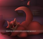 anthro bed belly big_belly big_butt black_sclera breasts butt curvy_figure female furniture hug huge_belly huge_butt hugging_object hugging_pillow lying lying_on_bed on_bed pillow red_body red_eyes smile smiling_at_viewer solo text thick_thighs wide_hips photolol.03 in_heat_(game) blood_moon_ari_(in_heat) canid canine canis mammal wolf english_text hi_res