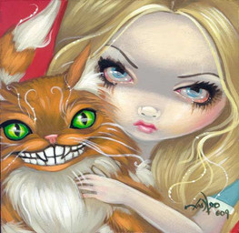 ambiguous_gender blonde_hair blue_clothing blue_eyes clothed clothing duo eyebrows eyelashes fangs female feral fluffy fur green_eyes grin hair lips long_hair looking_at_viewer makeup orange_body orange_fur pale_skin pink_lips pink_nose pupils running_makeup slit_pupils smile tail teeth thin_eyebrows toothy_grin jasmine_becket-griffith alice_in_wonderland alice_(alice_in_wonderland) cheshire_cat cheshire_cat_(species) domestic_cat felid feline felis human mammal 2009 dated formal_art low_res painting_(artwork) traditional_media_(artwork) traditional_painting_(artwork)