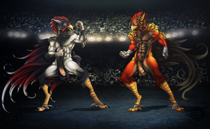 abs anthro arena athletic audience balls bandage beak biceps big_balls big_penis black_body black_feathers blue_eyes crowd duo_focus exhibitionism feathers feet fight flaccid flexing genitals group lights male multicolored_body muscular nipples nude nude_in_front_of_audience orange_body pecs penis pose pubes red_body red_feathers stadium standing talons thick_penis toes vein warrior white_body white_feathers yellow_eyes fsmaverick avian bird chicken galliform phasianid 2012