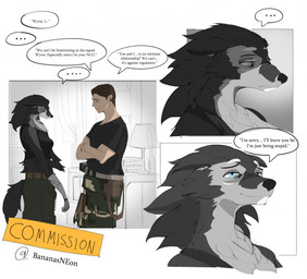 3_panel_comic angst anthro bandage bandaged_arm belt biped black_clothing black_shirt black_topwear blue_eyes bookshelf bottle bottomwear breasts brown_hair cargo_pants chest_tuft clothed clothing container countershade_fur countershading crossed_arms dialogue duo ellipsis eyebrows female female_anthro frown fully_clothed fur furniture grey_body grey_fur hair inner_ear_fluff inside lamp male male_human mane mane_hair pants pivoted_ears sad shirt short_hair speech_bubble tank_top text thin_eyebrows tired tired_eyes topwear tuft white_eyebrows window bananasneon lock_(vitaflesh) wynn_(vitaflesh) canid canine canis human mammal wolf 2025 artist_name cel_shading colored_sketch digital_drawing_(artwork) digital_media_(artwork) english_text guide_lines hi_res shaded sketch