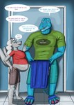 2024 2_tails 3_toes 5_fingers 5_toes absurd_res alligatorid anthro artist_logo azrael_(tertia) azurlligator baseboard belly bent_arm big_belly big_breasts blue_body blue_claws blue_door blue_eyes blue_flip_flops blue_scales blue_tail blue_wall bottomwear breasts brown_bottomwear brown_clothing brown_shorts bulging_neck canid canine canis cardboard claws clothing colored crocodilian dialogue digital_drawing_(artwork) digital_media_(artwork) door doorframe duo english_text facial_hair fangs feet female finger_claws fingers flip_flops floor fluffy fluffy_tail footwear fur green_clothing green_shirt green_t-shirt green_topwear grey_body grey_claws grey_fur grey_nose grey_tail hair hand_on_arm hand_on_butt hi_res holding_object holding_recycling_bin inner_ear_fluff inside larger_male logo long_hair long_tail male male/female mammal mayternity mayternity_2024 membrane_(anatomy) multi_tail multicolored_body multicolored_scales muscular muscular_anthro muscular_male nathile_tiduna navel neck_tuft open_mouth open_smile paws pink_tongue pockets pregnant pregnant_anthro pregnant_female pupils recycling_bin recycling_symbol red_clothing red_shirt red_t-shirt red_topwear reptile sandals scales scalie scar scutes shaded shirt shorts size_difference skywater slit_pupils smaller_female smile smiling_at_each_other smiling_at_partner speech_bubble standing t-shirt tail talking_to_another talking_to_partner teal_bottomwear teal_clothing teal_shorts teeth text text_on_clothing tile tile_floor toe_claws toes tongue topwear tuft wall_(structure) webbed_feet webbed_hands white_hair white_inner_ear_fluff wolf yellow_scutes