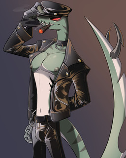 anthro belt black_bottomwear black_clothing black_collar black_gloves black_handwear black_jacket black_pants black_topwear bottomwear bulge chain cigar clothed clothed_anthro clothed_male clothing collar fingerless_gloves furgonomic_piercing furgonomics gloves handwear hat headgear headwear jacket leather leather_bottomwear leather_clothing leather_daddy leather_jacket leather_pants leather_topwear male multicolored_body nipples pants piercing red_sclera sharp_teeth smoking smoking_cigar solo tail tail_piercing teal_body teeth topwear two_tone_body wearing_hat white_body astarvingfarbeagle hellaverse helluva_boss alessio_(helluva_boss) aquatic demon fish shark 2026 4:5 hi_res