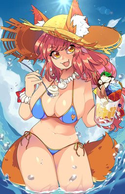 bikini bracelet breasts clothed clothing cloud container cup cutlery eyebrow_through_hair eyebrows eyelashes female food hair hat headgear headwear inner_ear_fluff jewelry kitchen_utensils necklace open_mouth outside pink_clothing pink_hair pink_hat pink_headwear sky solo spoon straw_hat sun swimwear tools translucent translucent_hair tuft two-piece_swimsuit water ashiji fate_(series) type-moon caster_tamamo-no-mae animal_humanoid canid canid_humanoid canine canine_humanoid fox_humanoid humanoid mammal mammal_humanoid hi_res
