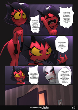 anthro breasts dialogue door_open duo female nude nude_female red_body red_eyes red_skin speech_bubble teary_eyes text jizoku helluva_boss mythology loona_(helluva_boss) millie_(helluva_boss) canid canid_demon canine demon hellhound imp mammal mythological_canine mythological_creature 2025 absurd_res comic english_text hi_res url