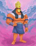 anthro beak biceps big_muscles big_pecs brown_eyebrows clothed clothing cloudy_background crown detailed_background eyebrows feet forearm_muscles forearms hair hand_on_hip headgear looking_aside male muscular muscular_anthro muscular_male orange_body pecs shendyt smile solo standing teeth polartoons egyptian_mythology middle_eastern_mythology mythology the_cluefinders horus horus_(the_cluefinders) avian deity 2020 absurd_res digital_media_(artwork) hi_res