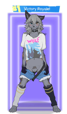 anthro belt black_ears blue_eyes blush bottomwear choker claws clothing denim denim_bottomwear denim_clothing denim_shorts digitigrade ear_piercing ear_ring female fur genitals grey_body heterochromia humanoid_genitalia humanoid_vulva jewelry leggings legwear lowered_pants markings mottled mottled_body mottled_fur navel necklace piercing pubes ring_piercing shirt shorts smile smiling_at_viewer snout solo t-shirt_design text text_on_clothing text_on_shirt text_on_topwear toe_claws topwear torn_bottomwear torn_clothing torn_shorts vulva white_clothing white_shirt white_topwear yellow_eyes mrartty epic_games fortnite wolfie_(fortnite) canid canine canis mammal wolf english_text hi_res signature