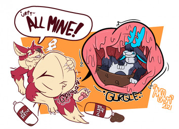 abdominal_bulge anthro antlers belly beverage_bottle big_belly bottle breath claws clenched_teeth container dialogue digestion_noises duo fangs fur hair hair_over_eyes hand_on_belly hidden_eyes horn internal lying male mouth_closed navel nude obscured_eyes on_back paws smile soda_bottle soft_vore sound_effects speech_bubble teeth text vore awoogasm dr_pepper vox_(awoogasm) canid canine fox jackalope lagomorph mammal 2021 signature