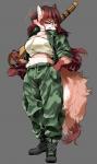 5_fingers anthro boots bottomwear breasts brown_eyes brown_hair camo cheek_tuft claws clothed clothing countershading eyebrows eyelashes facial_tuft female fingers fishnet_clothing fluffy fluffy_tail footwear fur gun hair hand_in_pocket holding_gun holding_object holding_ranged_weapon holding_weapon jacket kemono long_hair midriff one_eye_closed open_clothing open_jacket open_topwear pants pockets ranged_weapon rifle shoes solo tail tan_body tan_fur topwear tube_top tuft weapon white_body white_countershading white_fur 1boshi canid canine fox mammal