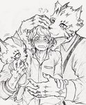 anthro blush clothing fur group hair heart_eyes heart_symbol male shirt topwear touching_hair touching_hand trio young hayata_461 lifewonders tokyo_afterschool_summoners ose_(tas) protagonist_(tas) twink_protagonist_(tas) felid human leopard mammal pantherine absurd_res hi_res pen_(artwork) sketch traditional_media_(artwork)