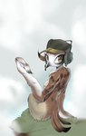 anthro arm_tuft beak black_beak breasts brown_body brown_eyes brown_feathers butt chest_tuft clothing countershade_arms countershade_face countershade_feathers countershade_torso countershading elbow_tuft feather_hands feather_markings feathers female hat hat_only headgear headgear_only headset_microphone headwear headwear_only looking_back markings mostly_nude non-mammal_breasts nude rear_view sitting small_breasts solo sukaroow_(kakite) tail tail_feathers tuft white_markings kakite avian bird oscine passerine sparrow full-length_portrait portrait