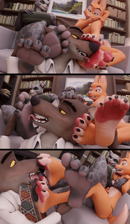 anthro arms_around_shoulders boyfriend/girlfriend breasts canon_couple claws clothed clothing eyebrow_piercing facial_piercing feet female female/female foot_fetish foot_focus foot_lick foot_on_face foot_sniffing footwear fur grey_body grey_fur group hand_on_breast humanoid_feet licking male male/female orange_body orange_fur partially_clothed pawpads piercing plantigrade smile smiling_at_another sniffing soles submissive submissive_male toe_claws toes tongue trio yellow_sclera chutos dreamworks the_bad_guys diane_foxington kitty_kat_(the_bad_guys) mr._wolf_(the_bad_guys) canid canine canis felid fox mammal pantherine snow_leopard wolf 3d_(artwork) absurd_res comic digital_media_(artwork) hi_res