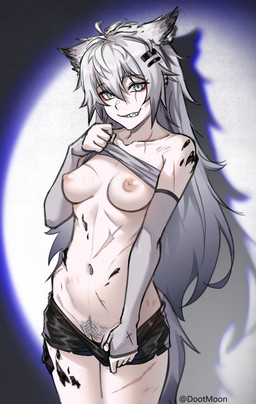 accessory arm_warmers armwear athletic breasts clothed clothing clothing_lift ear_piercing eye_scar facial_scar female flashing fluffy fluffy_hair genitals grey_eyes grey_hair hair hair_accessory hairclip humanoid_genitalia humanoid_vulva leg_scar light long_hair looking_at_viewer medium_breasts messy_hair mostly_nude navel nipples oripathy_lesion piercing pubes pubes_exposed scar scars_all_over scratches seductive shadow sharp_teeth shirt shirt_lift simple_background solo teeth thigh_scar topwear undressing undressing_self vulva dootmoon arknights hypergryph studio_montagne lappland_(arknights) animal_humanoid canid canid_humanoid canine canine_humanoid humanoid mammal mammal_humanoid 2024 absurd_res hi_res lighting watermark