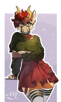 anthro big_breasts blush bottomwear breasts brown_body clothed clothing collar crop_top eyewear female glasses hair horn legwear long_sleeve_shirt looking_at_viewer miniskirt pattern_clothing pattern_legwear red_hair shirt short_hair skirt smile solo standing stockings striped_clothing striped_legwear stripes sweater teeth thigh_highs topwear yellow_eyes yellow_horn andytakker hi_res