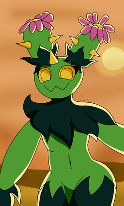 desert female flower green_body horn plant smile solo sun thorns yellow_eyes loglord142 nintendo pokemon elemental_creature elemental_humanoid flora_fauna generation_5_pokemon humanoid maractus plant_humanoid pokemon_(species) hi_res