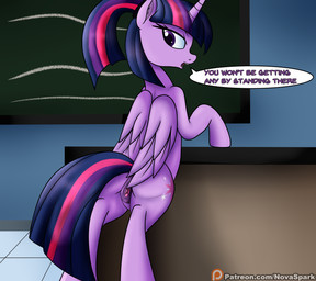 animal_genitalia animal_vulva anus blue_body butt classroom clitoral_winking clitoris detailed_background dialogue equine_genitalia equine_vulva female genitals hair horn inner_ear_fluff inside looking_at_viewer looking_back looking_back_at_viewer multicolored_hair nude open_mouth presenting presenting_anus presenting_hindquarters presenting_vulva purple_hair raised_tail school solo speech_bubble tail talking_to_viewer text tuft vulva wings novaspark friendship_is_magic hasbro my_little_pony mythology twilight_sparkle_(mlp) equid equine mammal mythological_creature mythological_equine winged_unicorn 2019 english_text hi_res translated