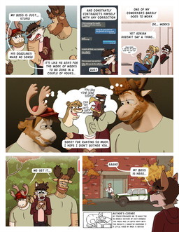 anthro antlers arm_hair beard bodily_fluids body_hair chair chest_hair clothing dialogue eye_contact eyewear facial_hair furniture glasses half-closed_eyes hat headgear headwear hoodie horn looking_at_another narrowed_eyes office office_chair shirt shrimp_tail speech_bubble sport_utility_vehicle stressed tears text text_message texting thought_bubble topwear nardodraws adrian_(nardodraws) leo_(nardodraws) mr_galloway_(nardodraws) rodney_(nardodraws) tom_(nardodraws) accipitrid accipitriform avian bird canid canine canis deer eagle felid lion mammal moose mustelid new_world_deer otter pantherine wolf 3d_(artwork) comic digital_media_(artwork) english_text hi_res