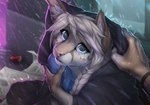 anthro blonde_hair blue_eyes bodily_fluids braided_hair breasts clothed clothing crying detailed_background duo eyelashes female hair outside pink_nose raining solo_focus tears water smileeeeeee ariyah_(meg) felid feline lynx mammal 2018 digital_media_(artwork)