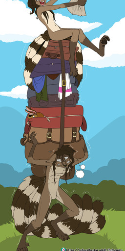 5_tails anthro breath brown_body brown_fur brown_hair brown_nose convenient_censorship duo featureless_crotch female fur hair hair_covering_breasts male markings multi_tail navel nude outside panting ring_(marking) ringed_tail striped_markings striped_tail stripes tail tail_markings fuf brandy_(whiskeyfur) whiskey_(whiskeyfur) lemur mammal primate ring-tailed_lemur strepsirrhine 2022 hi_res