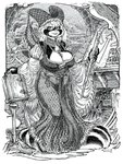 anthro big_breasts biped black_body black_fur book breasts cheek_tuft claws cleavage_cutout clothing corset cutout detailed_background facial_tuft female fluffy fluffy_tail fur hair hat headgear headwear holding_object inside jewelry light_hair lingerie long_hair looking_at_viewer necklace smile solo standing tail text topwear tuft white_body white_fur window lachland-nightingale mammal mephitid skunk english_text hi_res pen_(artwork) traditional_media_(artwork)
