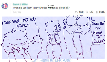 anthro big_breasts big_butt big_penis blush breasts bulge butt clothing detailed_bulge duo fangs genital_outline genitals gynomorph intersex male multi_eye penis penis_outline screencap size_difference solo_focus teeth text thick_thighs thought_bubble tight_clothing websheck websly ambiguous_species arachnid arthropod spider absurd_res english_text hi_res