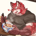 anthro black_clothing black_shirt black_topwear bowl chopsticks clothed clothing container eating eating_food fully_clothed fur furniture heart_symbol holding_chopsticks holding_object male muscular muscular_anthro muscular_male red_body red_eyes red_fur shirt simple_background solo table topwear white_background aidemcc knights_college diederich_olsen canid canine canis mammal wolf 2022 digital_drawing_(artwork) digital_media_(artwork)