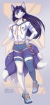 5_fingers anthro black_hair blue_eyes bottomwear bulge clothing eyebrows eyelashes femboy fingers footwear fur hair hoodie jacket legwear long_hair looking_at_viewer male multi_tail purple_body purple_fur ribbons shoes shorts smile solo tail text thigh_highs topwear katerezonate miko_(snowweaver) canid canine fox mammal 2020 digital_media_(artwork) english_text hi_res shaded signature