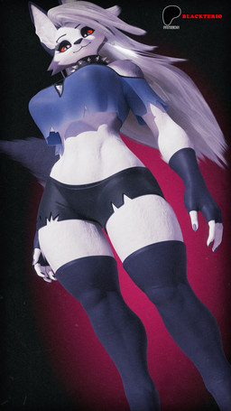 anthro big_breasts breasts clothing collar female fur grey_hair hair legwear long_hair looking_down low-angle_view pupils red_sclera slit_pupils solo spiked_collar spikes tail thick_thighs thigh_highs white_body white_fur wide_hips blackterio dogzeela_(modeler) hellaverse helluva_boss mythology loona_(helluva_boss) canid canid_demon canine demon hellhound mammal mythological_canine mythological_creature 3d_(artwork) digital_media_(artwork) hi_res