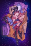 anthro anthro_on_anthro back_spikes beak bed bedding black_beak black_body black_feathers blanket blue_background blue_body blue_feathers burn_scar chest_tuft claws cuddling duo eyes_closed facial_scar feathers feet furniture horn hug lying male male/male on_bed on_side pillow purple_background red_body scar scars_all_over simple_background slim smile spade_tail sparkling_background spikes spikes_(anatomy) striped_horn stripes tail tail_feathers talons toes tuft white_body white_skin moeggy helluva_boss blitzo_(helluva_boss) stolas_(helluva_boss) avian bird demon goetia humanoid imp owl owl_demon hi_res