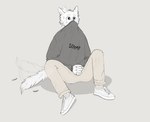 anthro clasped_hands clothing ear_flick footwear fur male shirt_over_face shoes simple_background sitting sneakers solo sweater tail tail_motion tailwag topwear white_body white_fur echto canid canine canis mammal wolf hi_res