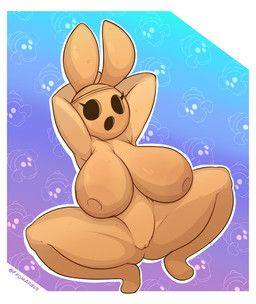 anthro areola big_breasts black_eyes blue_background border breasts brown_areola brown_nipples crouching empty_eyes eyelashes female front_view genitals gradient_background hands_behind_head huge_breasts navel nipples nude open_mouth pattern_background purple_background simple_background solo spread_legs spreading tan_body thick_thighs vulva white_border wide_hips fromariels animal_crossing nintendo coco_(animal_crossing) animate_inanimate gyroid hybrid lagomorph leporid mammal rabbit absurd_res hi_res