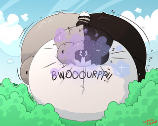 ambiguous_form ambiguous_gender belly belly_expansion big_belly big_butt brown_body brown_eyes brown_fur burp_cloud burping butt butt_expansion expansion fur green_eyes grey_body grey_fur huge_belly huge_butt hyper hyper_belly hyper_butt hyper_inflation immobile inflation motion_lines multicolored_body multicolored_fur onomatopoeia outline plant purple_burp_cloud red_text shrub solo sound_effects text white_outline exoticcrystal crys_jonath domestic_cat felid feline felis mammal procyonid raccoon 2025 artist_name hi_res