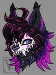 anthro black_body bone fangs hair highlights_(coloring) male mask pink_highlights purple_eyes purple_hair purple_highlights purple_nose skull skull_mask solo teeth vashtwiist suerte domestic_cat felid feline felis mammal 3:4 hi_res