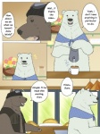 3:4 bear beverage brown_bear brown_body brown_fur clothing comic container cross dialogue duo english_text eyewear eyewear_on_head food fur grizzly_(shirokuma_cafe) grizzly_bear hat headgear headwear jar kumao male mammal okatana open_mouth polar_bear shirokuma shirokuma_cafe sunglasses sunglasses_on_head tea text translated ursine