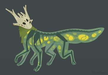 2_fingers 3_eyes 6_limbs ambiguous_feral ambiguous_gender big_tail black_eyes bone digitigrade feral fingers green_body grey_background hexapod hole_(anatomy) horn multi_eye multi_horn neck_tuft plant ribs simple_background skeleton solo tail tan_body translucent translucent_body tuft visible_skeleton yellow_body thribocarbon elemental_creature flora_fauna 2025 digital_media_(artwork) signature