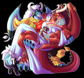 abs after_transformation anthro armor beard big_muscles big_pecs big_tail blue_body bouquet bridal_carry brown_hair carrying_another claws clothing digitigrade duo facial_hair gauntlets gloves grin grinning_at_partner hair handwear happy horn horned_tail jewelry knight male male/male markings muscular muscular_arms muscular_male muscular_thighs necklace pecs princess red_body royalty sash scales simple_background smile snout tail thigh_strap transformation warrior wedding white_hair wings rtf-m mythology kole_(engy) dragon human kobold mammal mythological_creature mythological_scalie reptile scalie 2025 colored digital_drawing_(artwork) digital_media_(artwork) hi_res