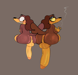 anthro anus balls big_penis blush bodily_fluids breasts butts_touching cigarette duo embarrassed genitals gynomorph huge_penis hyper hyper_genitalia hyper_penis intersex intersex/intersex looking_at_viewer looking_back makeup mascara penis selfcest size_difference smoking smoking_cigarette square_crossover sweat sweatdrop crazymazies bonbon_(crazymazies) mazie_(crazymazies) canid canine mammal absurd_res hi_res trans_(lore) trans_woman_(lore)