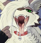 ambiguous_gender anthro bodily_fluids breath collar green_eyes mouth_shot obscured_eyes open_mouth piercing pointing_at_mouth saliva saliva_string solo throat tongue tongue_out tongue_piercing slimyjaws milo_(slimyjaws) novabeast hi_res