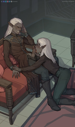 ambiguous_gender blush clothed clothing dark_body dark_skin femboy fully_clothed furniture hair humanoid_pointy_ears licking male male/ambiguous narrowed_eyes not_furry pointy_ears sitting sofa tongue white_hair linaswalaf dungeons_and_dragons hasbro wizards_of_the_coast drow elf humanoid hi_res
