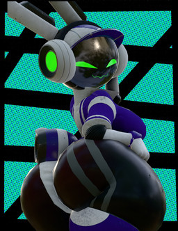 anthro big_breasts big_butt black_background black_body blue_clothing blue_jacket blue_topwear breasts butt closed_smile clothing collar electronics female glistening glistening_body glistening_face green_background green_eyes green_mouth half-closed_eyes hand_on_leg hand_on_thigh hat headgear headphones headwear huge_butt huge_thighs jacket jagged_mouth joints legwear looking_at_viewer looking_back looking_back_at_viewer markings metallic_clothing mouth_closed narrowed_eyes panties pattern_background rear_view robotic_arm robotic_ear robotic_tail scuff_marks scut_tail short_tail simple_background smile smiling_at_viewer solo striped_markings striped_tail stripes tail tail_markings thick_thighs thigh_highs topwear underwear visor_cap white_clothing white_panties white_underwear anaroth zoidrawzaton_(modeler) project_turboblast tempo_(project_turboblast) robot_anthro 2025 3d_(artwork) digital_media_(artwork) hi_res portrait three-quarter_portrait