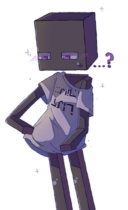 ambiguous_gender black_body blocky_body blush bodily_fluids clothing ellipsis explicit_text oblivious oversized_clothing oversized_topwear purple_blush purple_eyes question_mark questioning_ellipsis simple_background solo square_(anatomy) square_head sweat topwear white_background gabbersystem microsoft minecraft mojang xbox_game_studios enderman humanoid constructed_language fictional_language