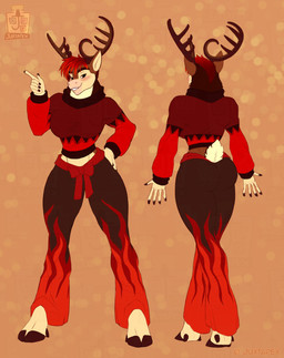 abstract_background anthro antlers athletic athletic_female bubble_butt butt clothing cropped_sweater female front_and_back hair holidays horn red_hair solo sweater topwear juxtapex christmas zember_(juxtapex) deer mammal new_world_deer reindeer hi_res model_sheet