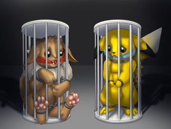 ambiguous_gender bars bdsm bondage bound cage captured chain chained cloth_gag cuff_(restraint) duo feet feral feral_bondage gag gagged handcuffs in_cage metal_cuffs pawpads paws prison_bars prison_cell prisoner restraints shackles wrists_together raptorroper nintendo pokemon eevee generation_1_pokemon pikachu pokemon_(species) 4:3 digital_drawing_(artwork) digital_media_(artwork) hi_res
