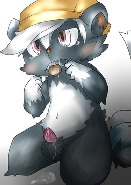 anthro balls biped blush bodily_fluids clothing cum cum_in_mouth cum_inside erection flat_cap genital_fluids genitals hat headgear headwear kneeling male nude open_mouth penis solo tail tears tongue tongue_out young young_anthro milk3169 animal_crossing nintendo kicks_(animal_crossing) mammal mephitid skunk striped_skunk hi_res